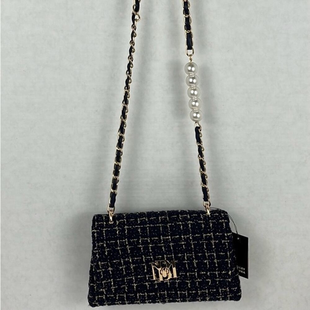 Badgley Mischka Purse Navy Blue Textured Messenger Bag Crossbody Gold Accents - Picture 2 of 11